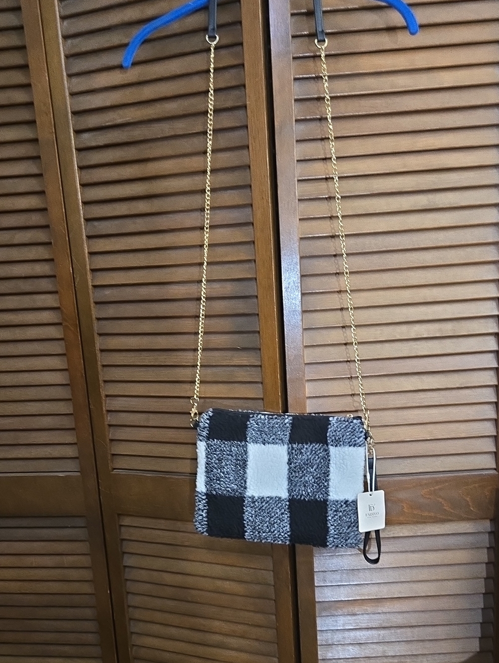 Chic Black & Gray Plaid Crossbody Bag with Gold Chain
